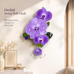 Purple Orchid Wall Clock, 3D Floral Botanical Home Decor, Swinging Pendulum Flower - thumbnail 2