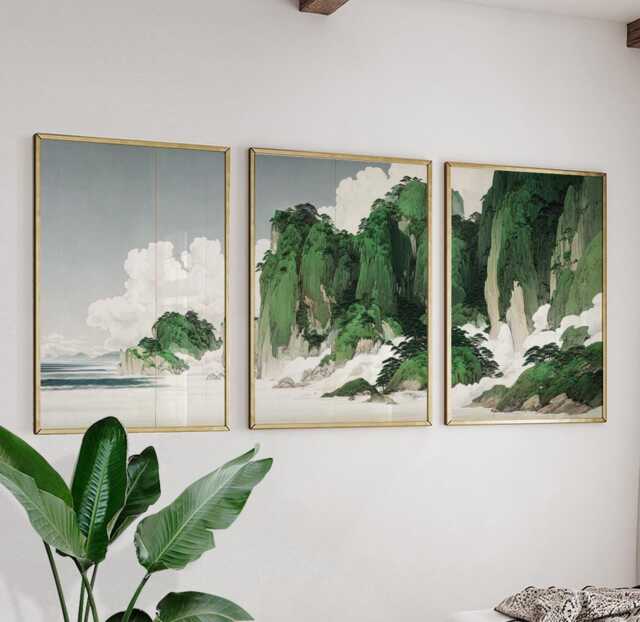 Cliffs Landscape Posters Set Of 3, Japanese Nature Art Prints Wall Decor - image 1