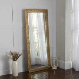 Full Length Wall Mirror Wood Square Mosaic Design Frame in Gold Colour Bevelled Edge 130x46cm - 52x18 Inches - thumbnail 1