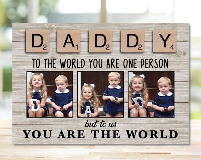 Dad Gift From Kids, Custom Photo Frame Woodblock, Bespoke For Daddy, Scrabble Tile Design, Birthday Or Father's Day - image 1