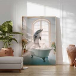 Dolphin in Tub Wall Art, Bathroom Art Print, Funny Bathing, Animal Bathtub - thumbnail 2