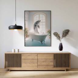 Dolphin in Tub Wall Art, Bathroom Art Print, Funny Bathing, Animal Bathtub - thumbnail 1