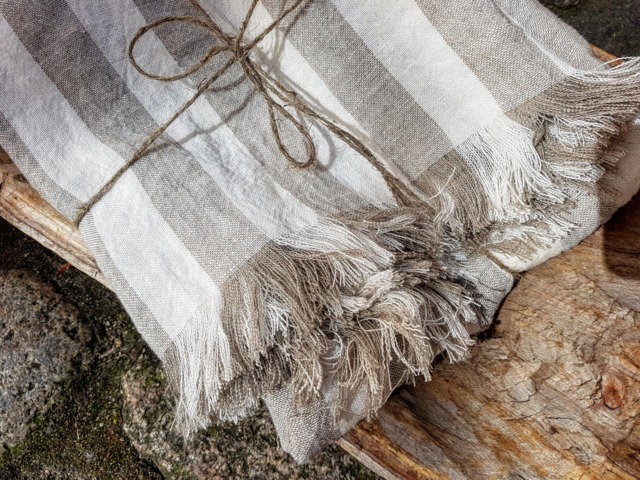 Striped Linen Blanket, Stonewashed Throw, Beach Summer Raw Fringed Wide Striped Softened Cover - image 1