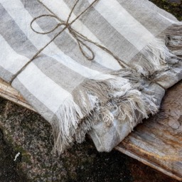 Striped Linen Blanket, Stonewashed Throw, Beach Summer Raw Fringed Wide Striped Softened Cover - thumbnail 3