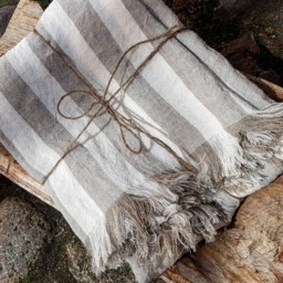 Striped Linen Blanket, Stonewashed Throw, Beach Summer Raw Fringed Wide Striped Softened Cover - thumbnail 2