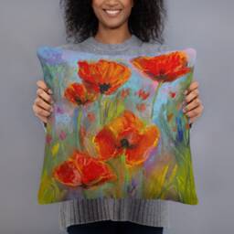 Soft Pastel Painting Red Poppies Flowers Basic Pillow - thumbnail 2