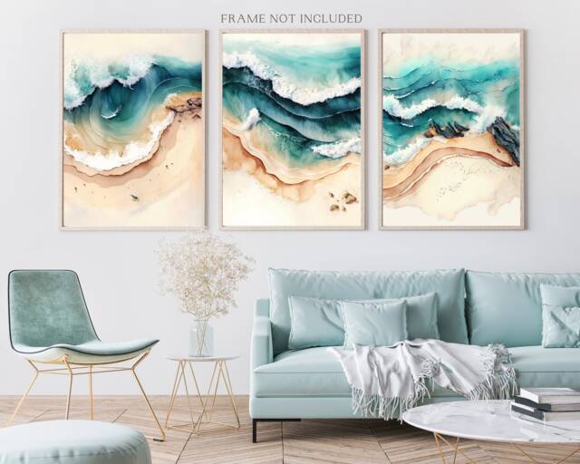 Abstract Beach Waves Set Of 3 Prints, Landscape Art Print, Aerial Posters, Watercolour Nature Artwork, Ocean Wall Art, Sea Lover - image 1
