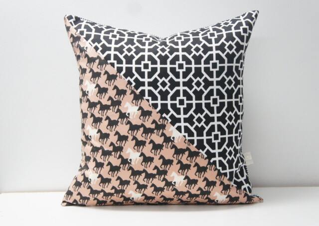 Patchwork Pillow Cover - 20x20 - Black, White, & Horses - image 1