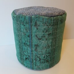 Handmade Kilim Pouf Cover, Gray Turquoise Wool Ottoman - thumbnail 2