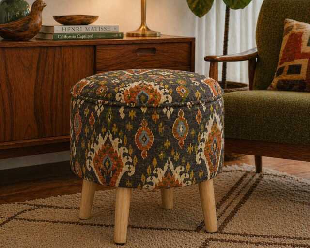 Custom Upholstered Ottoman Round Hidden Storage Footstool - Moroccan Tribal Pattern Spice - image 1