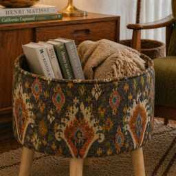 Custom Upholstered Ottoman Round Hidden Storage Footstool - Moroccan Tribal Pattern Spice - thumbnail 3