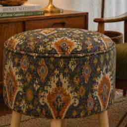 Custom Upholstered Ottoman Round Hidden Storage Footstool - Moroccan Tribal Pattern Spice - thumbnail 2