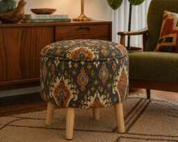 Custom Upholstered Ottoman Round Hidden Storage Footstool - Moroccan Tribal Pattern Spice