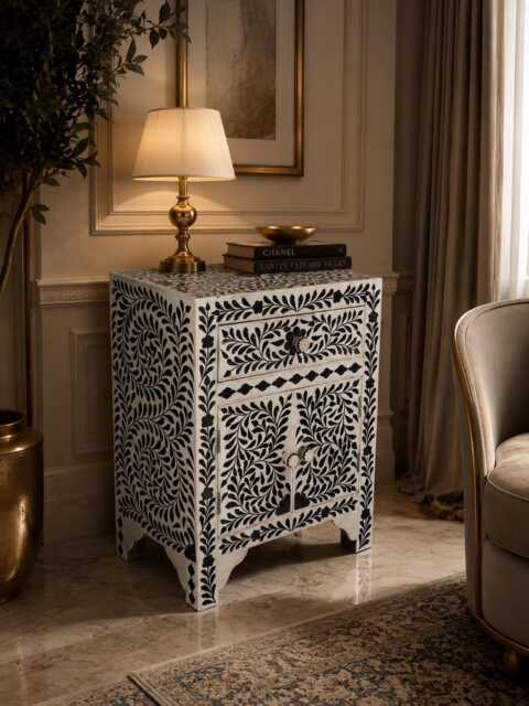 Designer Bone Inlay Black & White Floral Pattern Bedside Table - image 1