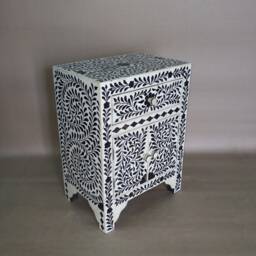 Designer Bone Inlay Black & White Floral Pattern Bedside Table - thumbnail 2