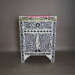 Designer Bone Inlay Black & White Floral Pattern Bedside Table - thumbnail 3