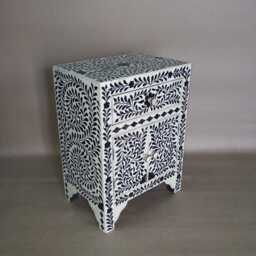 Designer Bone Inlay Black & White Floral Pattern Bedside Table - thumbnail 4