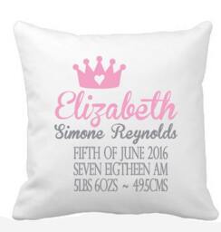 Crown Princess Custom Baby Girl Birth Announcement Pillow For New Borns, Infants & 1 Year Birthday. The Perfect Gift Keepsake