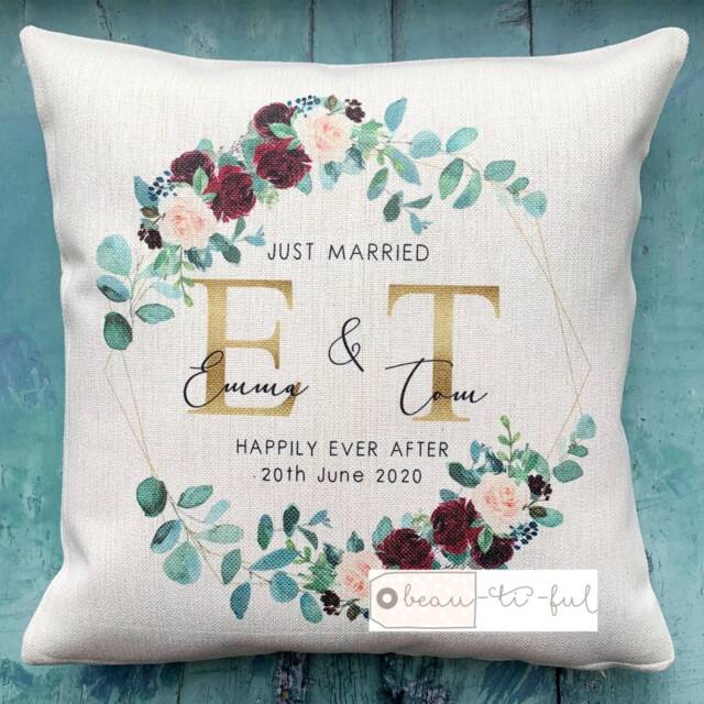 Personalised Names Married Mr Mrs Home Quote Burgundy Foliage Wreath Design Linen Style Cushion Cover
