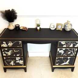 Made-To-Order Upcycled Vintage Black Stag Dressing Table/Desk With Chinoiserie Design - thumbnail 3