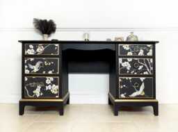 Made-To-Order Upcycled Vintage Black Stag Dressing Table/Desk With Chinoiserie Design