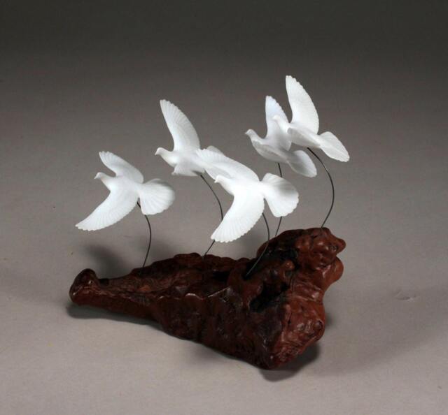John Perry Dove Flock Sculpture, Pellucida Figurine On Burlwood Base - image 1