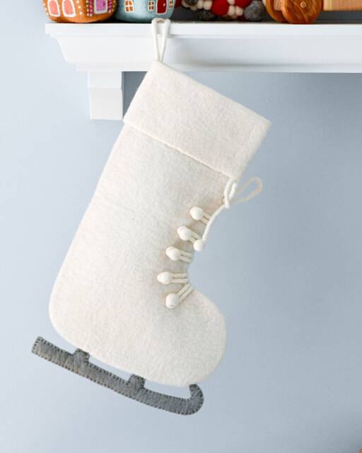 Felt White Ice Skate Christmas Stocking, Holiday Stocking - image 1