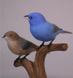 Pair Of Male & Female Indigo Bunting Hand Carved Wooden Bird - thumbnail 2