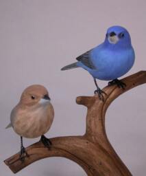 Pair Of Male & Female Indigo Bunting Hand Carved Wooden Bird - thumbnail 1