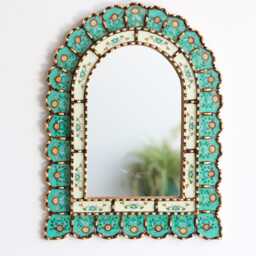 Peruvian Turquoise Urn Mirror 50 X 37 cm Handmade Wall Decor - Carved Wood Vertical Statement For Living Room Bathroom - thumbnail 1