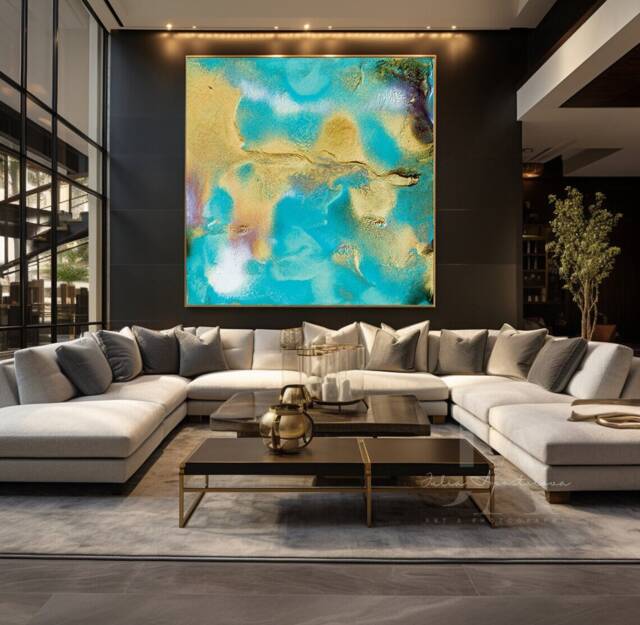 Turquoise Gold Wall Art - Handmade Teal Abstract Painting - image 1