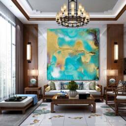 Turquoise Gold Wall Art - Handmade Teal Abstract Painting - thumbnail 2
