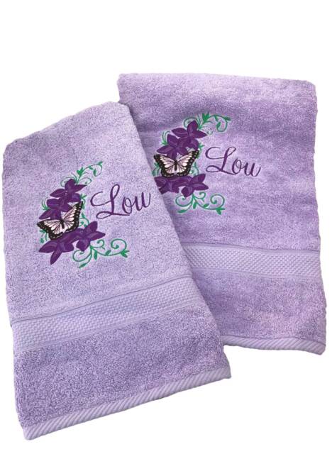 Personalized Lilac Towel Set Embroidered Butterfly Floral Design - image 1