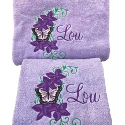 Personalized Lilac Towel Set Embroidered Butterfly Floral Design - thumbnail 2