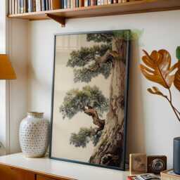 Ancient Japanese Pine Tree Wall Art, Zen Nature Print, Oriental Botanical Poster, Vintage Forest Painting, Calm Japandi Home Artwork - thumbnail 2