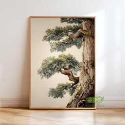 Ancient Japanese Pine Tree Wall Art, Zen Nature Print, Oriental Botanical Poster, Vintage Forest Painting, Calm Japandi Home Artwork - thumbnail 1