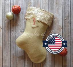 Personalized Burlap Christmas Stocking With Champagne Sequin Cuff & Embroidered Name Tag