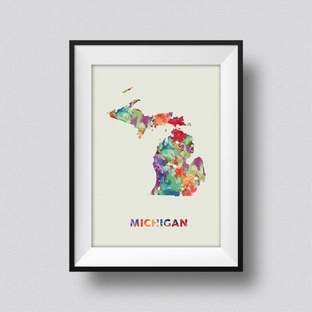 Michigan Map Usa Watercolor Art Print Ink Splash Poster Canvas