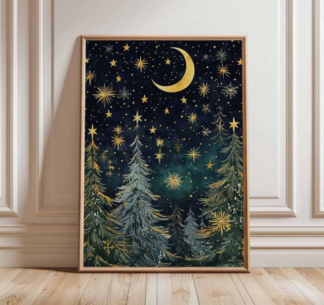 Christmas Moon Poster, Illustration Style Holiday Wall Art, Gold Star Decor, Celestial Night Festive Print, Gift Artwork
