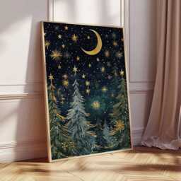 Christmas Moon Poster, Illustration Style Holiday Wall Art, Gold Star Decor, Celestial Night Festive Print, Gift Artwork - thumbnail 2