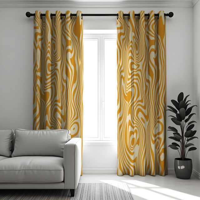 Retro Wave Curtain, Abstract Swirl Drape, Bold Yellow & White Curtain Panel, Mid-Century Modern Window Treatment, Boho Chic Decor - image 1