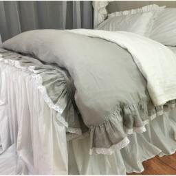 stone Grey Linen Ruffle Duvet Cover With Lace Hem, Lace Duvet Cover, Ruffle Linen Bedding - thumbnail 2