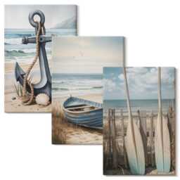 Canvas Set Of 3 - Boat Anchor & Oars On The Beach With Sea, Blue Wall Art, Landscapes Hanging Piece - thumbnail 2
