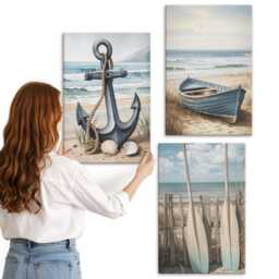 Canvas Set Of 3 - Boat Anchor & Oars On The Beach With Sea, Blue Wall Art, Landscapes Hanging Piece - thumbnail 1