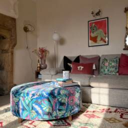 Large Round Footstool in Linwood Peacock Velvet - thumbnail 3