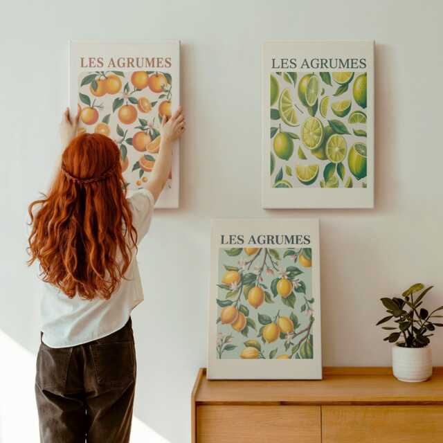 Canvas Art Set Of 3 - Fruity Citrus Patterns in Pastel Colors, Orange Large Wall Art, Plants & Flowers Hanging Piece - image 1