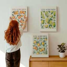 Canvas Art Set Of 3 - Fruity Citrus Patterns in Pastel Colors, Orange Large Wall Art, Plants & Flowers Hanging Piece - thumbnail 1