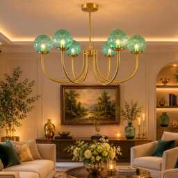 Castle 6-Light Brass Chandelier - Brushed With Green & Milky Globe Pendant Light Medieval Inspired Ceiling Fixture - thumbnail 4