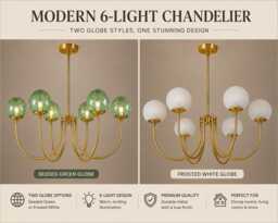 Castle 6-Light Brass Chandelier - Brushed With Green & Milky Globe Pendant Light Medieval Inspired Ceiling Fixture - thumbnail 1