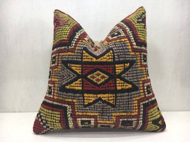Vintage Handwoven Kilim Pillow Cover, Turkish Sofa Cushion - 16x16 - image 1